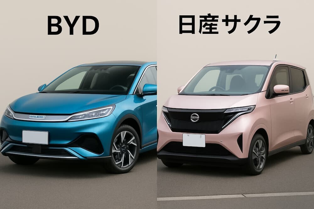 日本で販売されているBYDの電気自動車と日産サクラの比較イメージ