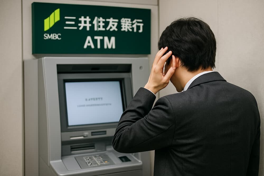 三井住友銀行ATMの前で困惑する利用者