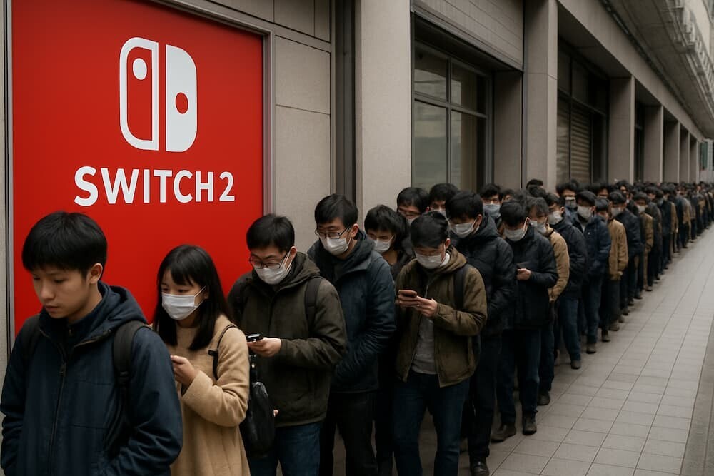 長蛇の列でSwitch 2の予約を待つ人々の様子