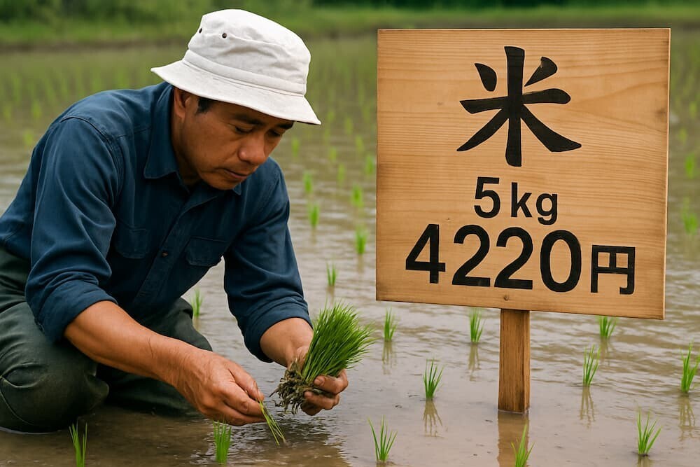田植え作業に取り組む農家と米価格表示（5kg 4220円）を対比した画像