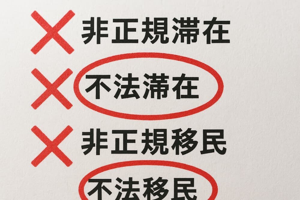 「非正規滞在」「非正規移民」にばつ印をつけて 「不法滞在」や「不法移民」に丸をつけている