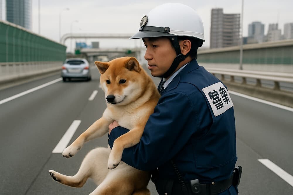 高速道路上で警察官に抱きかかえられる柴犬の様子