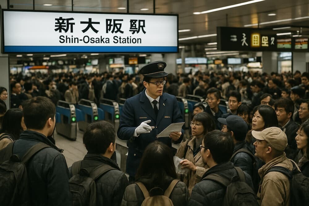 混雑する新大阪駅の改札付近の様子、多くの乗客が駅員の周りに集まり情報を得ようとしている　イメージ