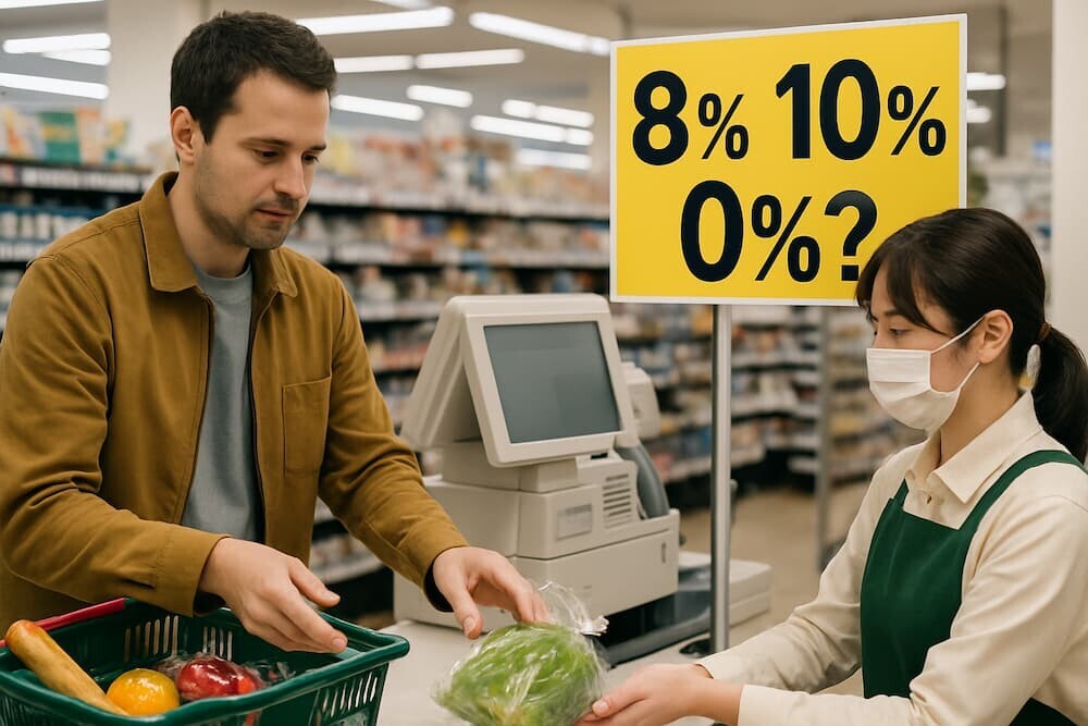 スーパーのレジで食品を購入する消費者と、「8%」「10%」「0%?」と書かれた税率表示が目立つ イメージ