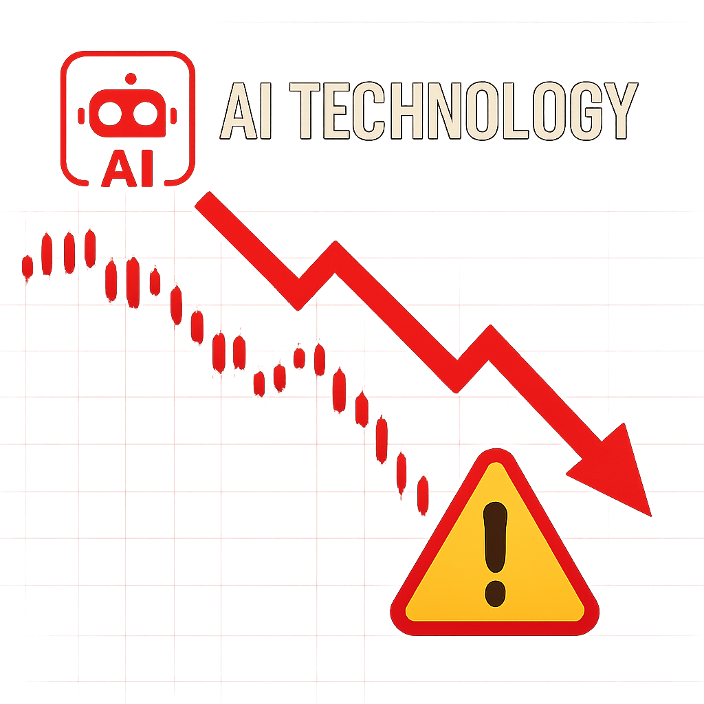 AIテクノロジー企業の株価チャートが急落している様子、赤い下落矢印と警告マークが目立つデザイン 