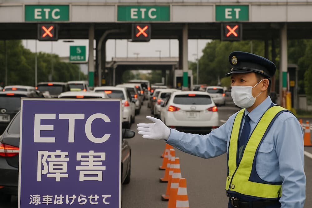 ETC障害で渋滞する料金所と説明する係員の様子