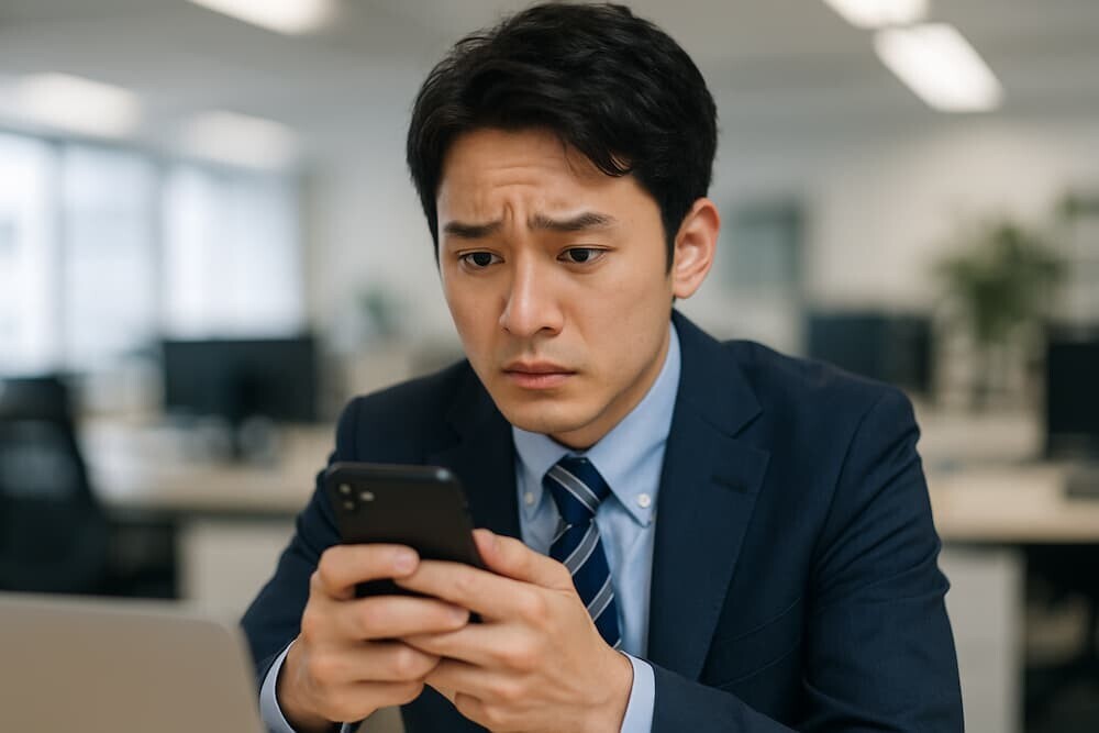 SNSを見て不安そうな表情をする若手社員のイメージ