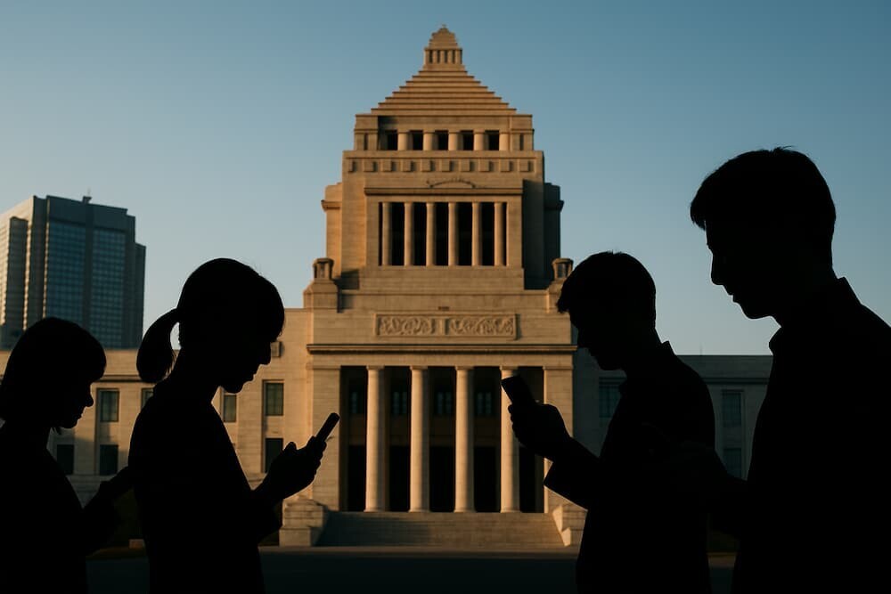  国会議事堂を背景にスマートフォンを手にする人々のシルエット