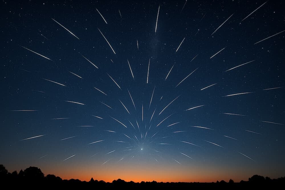 東の空から放射状に広がる流星群の様子