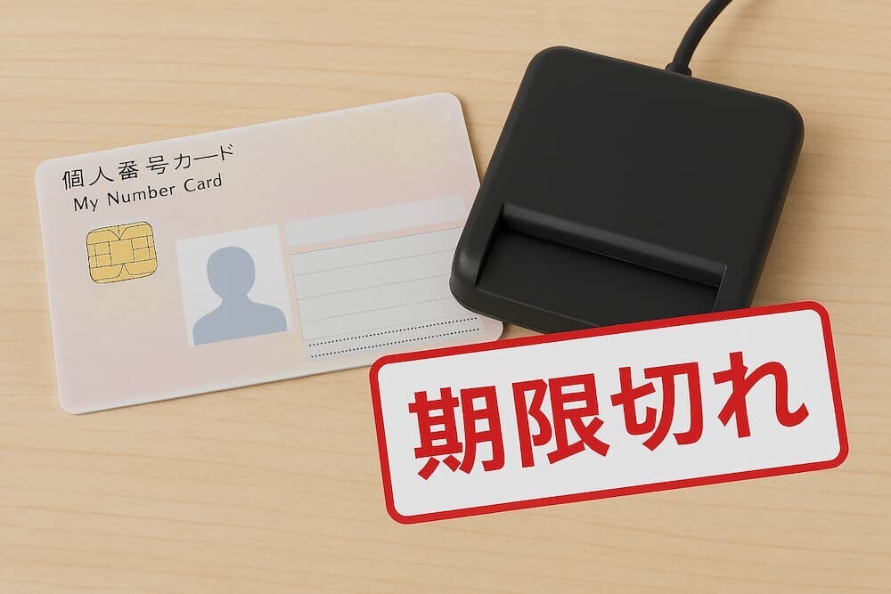 マイナンバーカードと読み取り機器の写真、期限切れ表示のイメージ