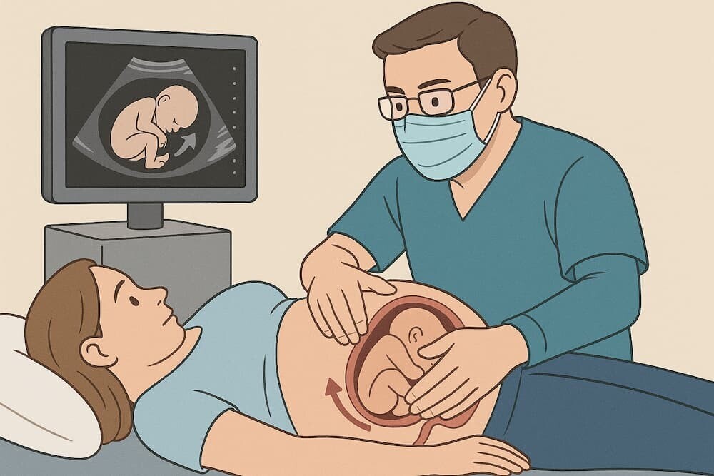 妊婦の腹部に両手を当て、逆子の赤ちゃんを回転させようとしている医師のイラスト。超音波モニターで胎児の位置を確認している様子