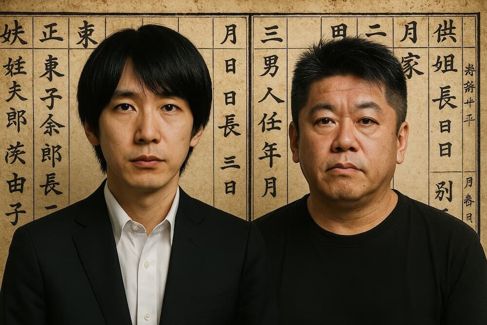 古市憲寿氏とホリエモンの対比写真、その背景に古い戸籍のイメージ