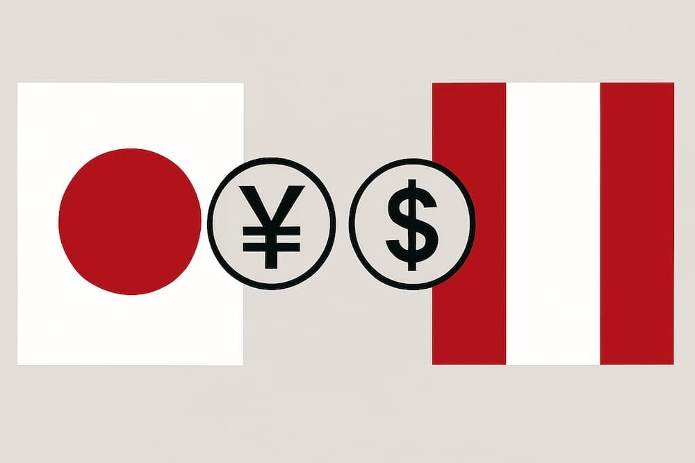 日本とペルーの国旗が並び、間に円とドルのシンボルがある図
