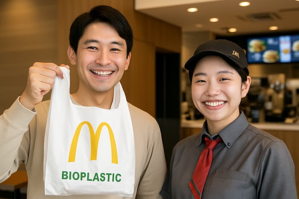 マクドナルドの新バイオプラスチックレジ袋を持つ笑顔の客とスタッフ