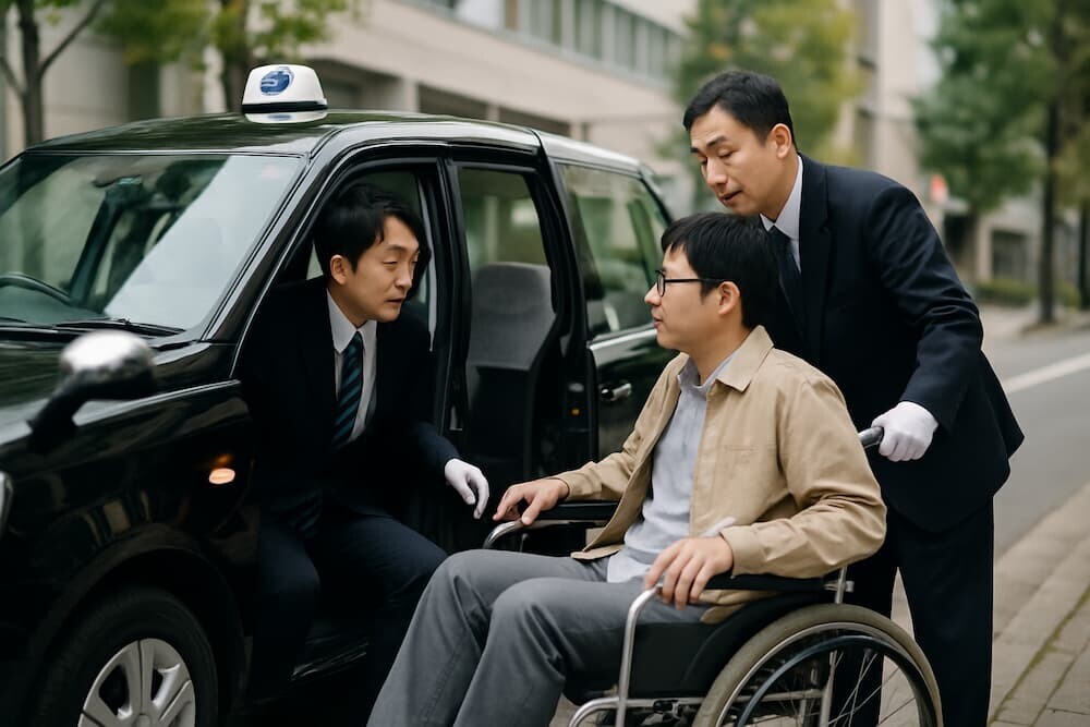 タクシーに乗り込む車いす利用者と運転手の様子