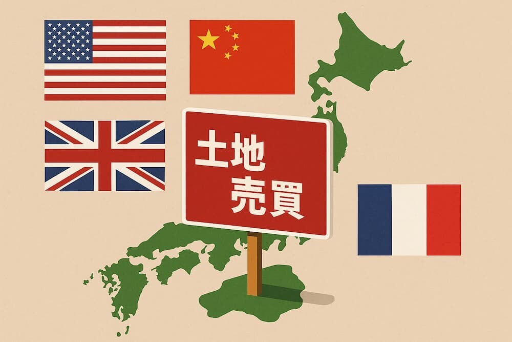 日本地図と外国の旗や「土地売買」を示す構図