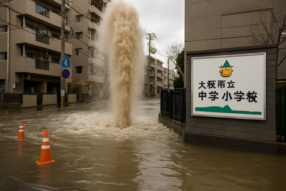  冠水した城東区の道路と小学校周辺のイメージ