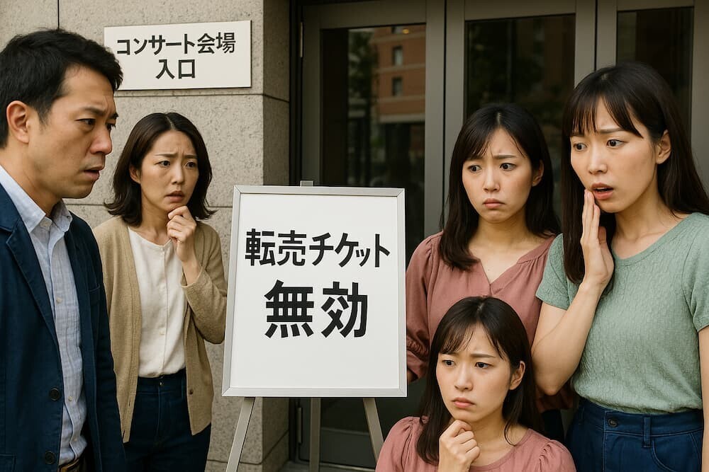 コンサート会場入口で「転売チケット無効」の看板と困惑する人々