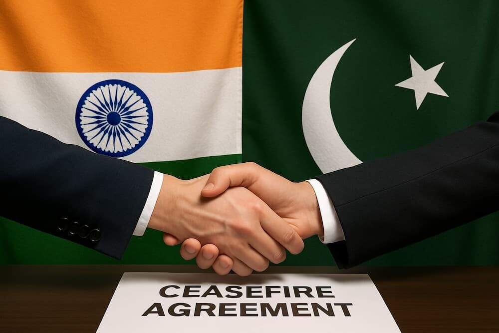 インドとパキスタンの国旗と停戦合意のイメージ