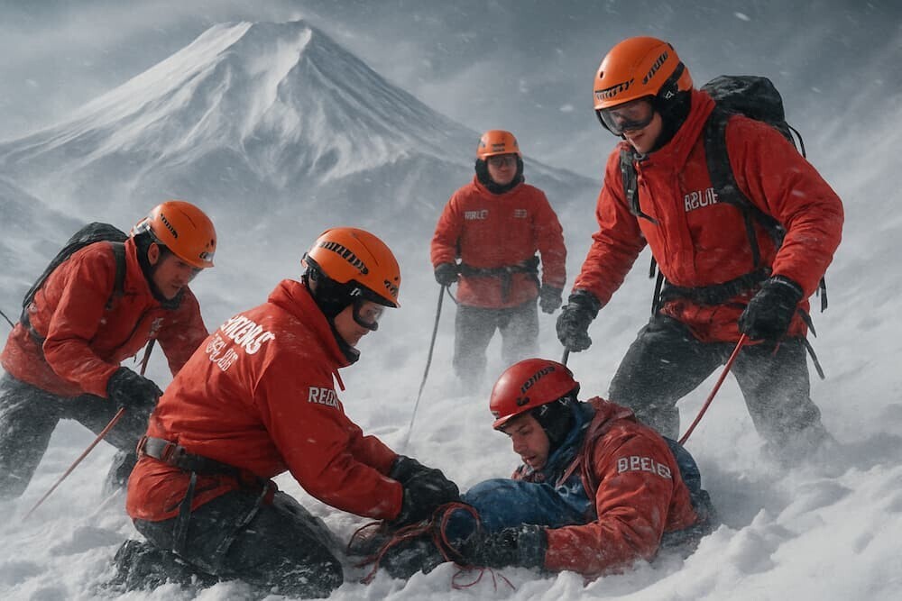  積雪と強風の閉山期の富士山と救助活動を行う救助隊