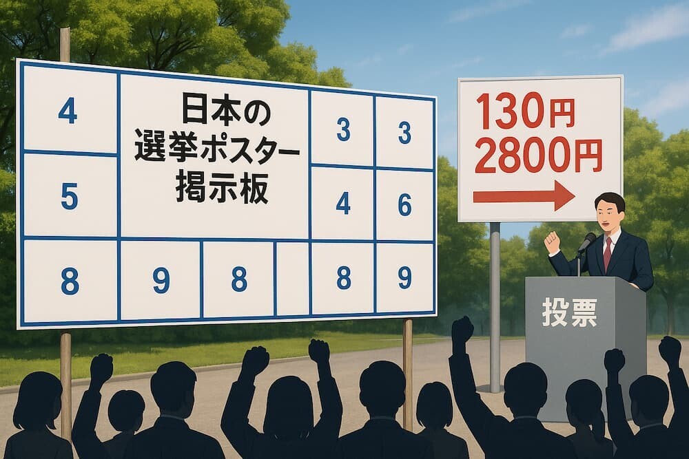 選挙ポスター掲示板と「130円→2800円」と書かれた価格表のイメージ