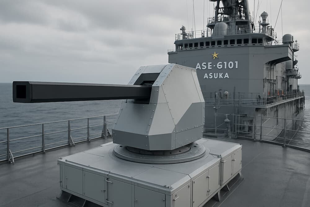 海上自衛隊の試験艦「あすか」に搭載されたレールガン試作品のイメージCG