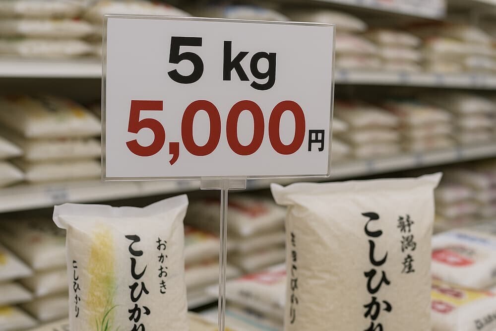 スーパーの米売り場に並ぶ高額な米の価格表示のイメージ