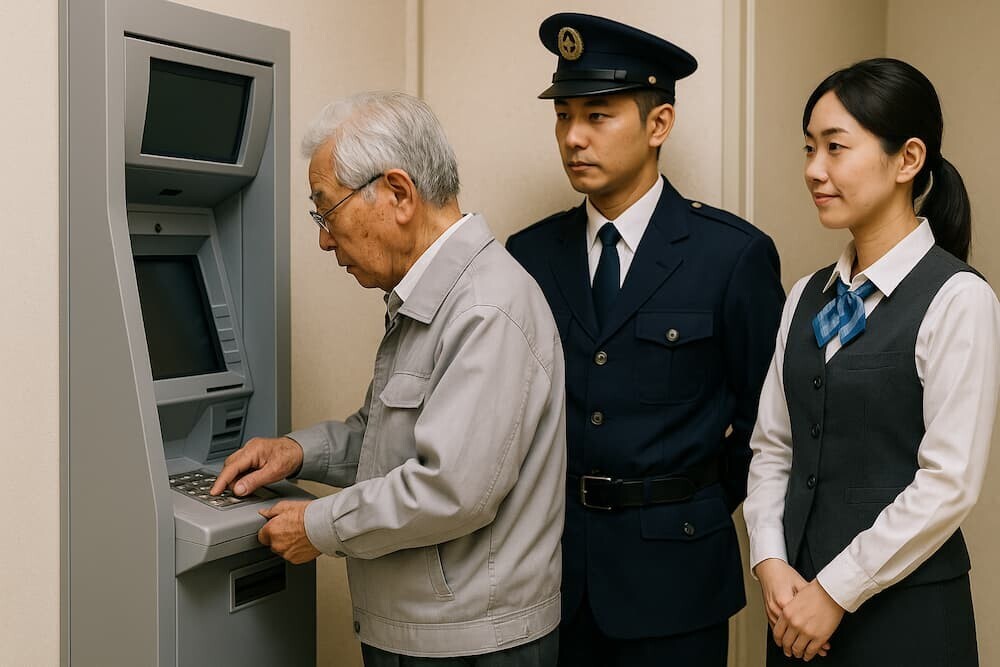 高齢者がATMを使用している様子と、その横に立つ警備員や店員