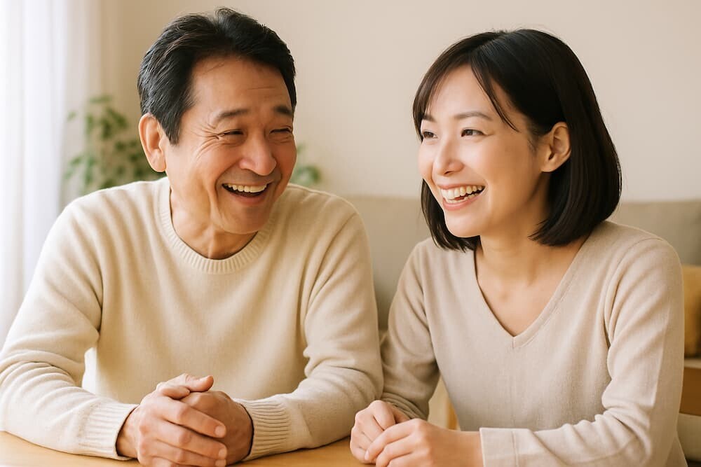 日本の親子が笑顔で話し合っている様子。温かい雰囲気で、互いを尊重し合うような表情