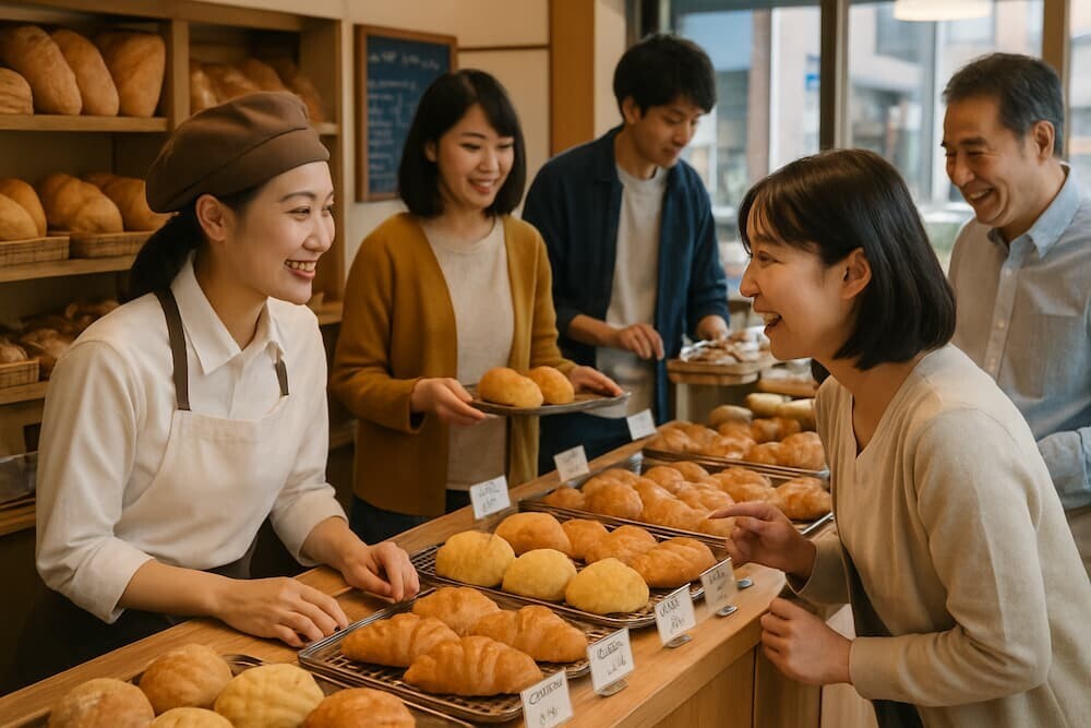 パン屋の店内で活気づく客とスタッフの様子