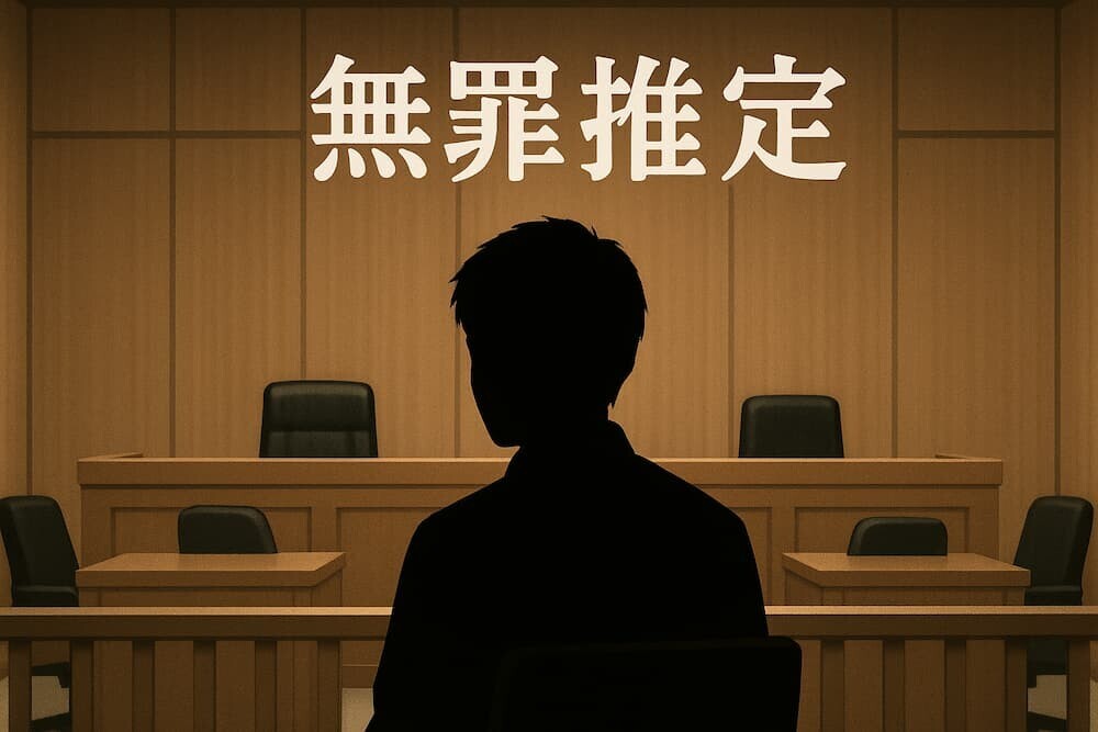 取り調べを受ける青年のシルエットと「無罪推定」の文字が浮かぶ法廷のイメージ