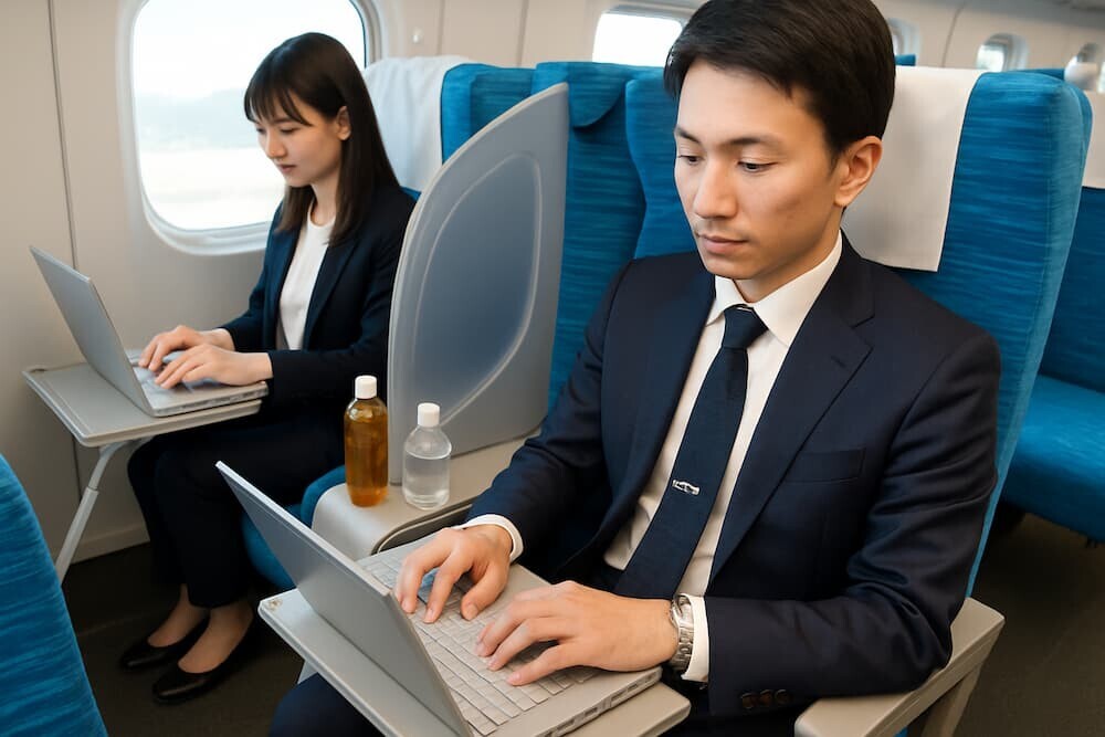 新幹線のPシートを使用するビジネスパーソン。パーティションで区切られた広々空間でノートパソコンを快適に操作している様子