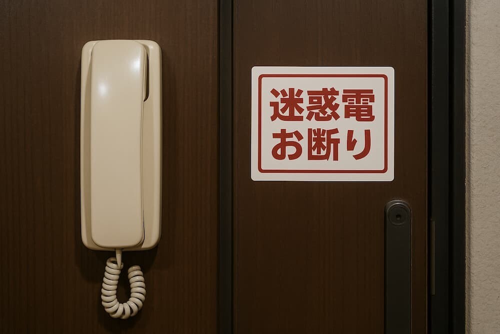 固定電話と「迷惑電話お断り」のステッカーが貼られた玄関ドア