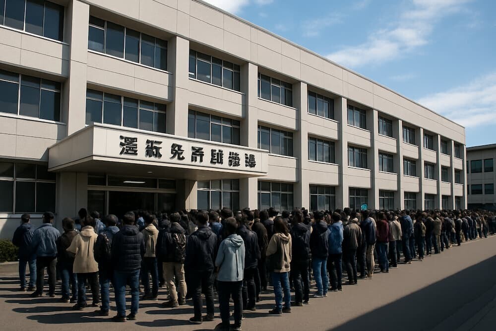 運転免許試験場の外観と行列のイメージ