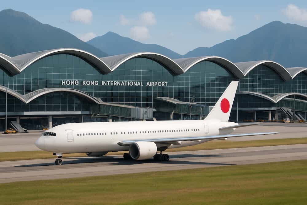 香港国際空港と日本行き飛行機のイメージ
