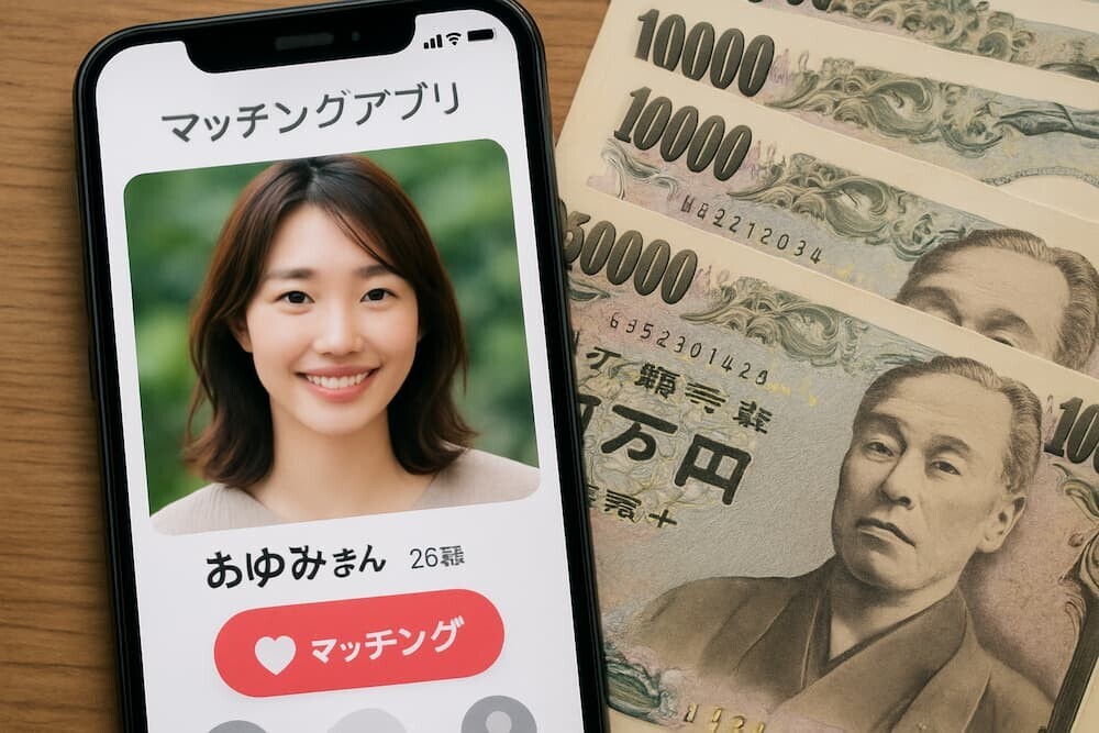 マッチングアプリの画面とお金のイメージ