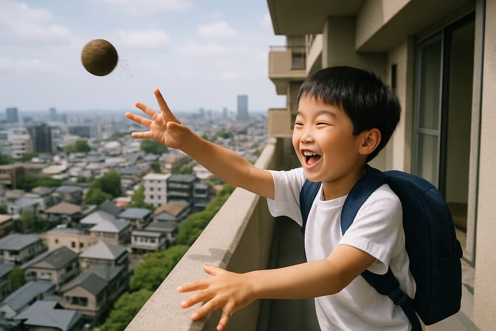 高層階のマンションから日本人の小学生の男の子が泥団子を投げている