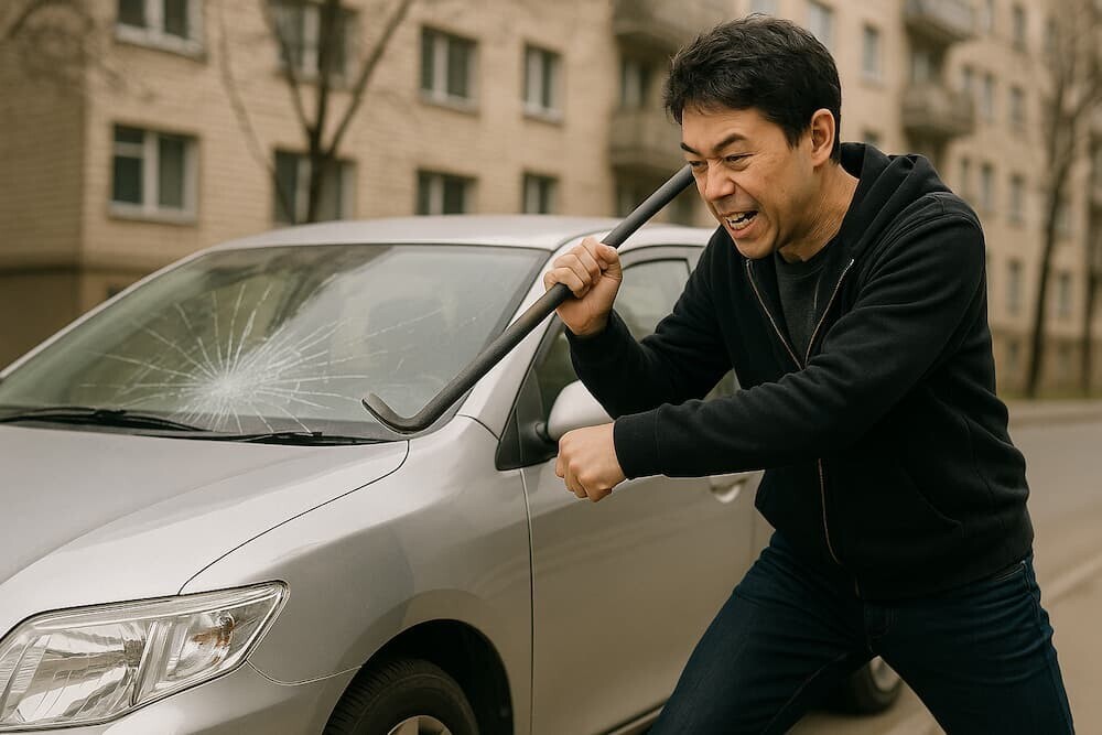 車のフロントガラスを何らかの道具で叩き割った