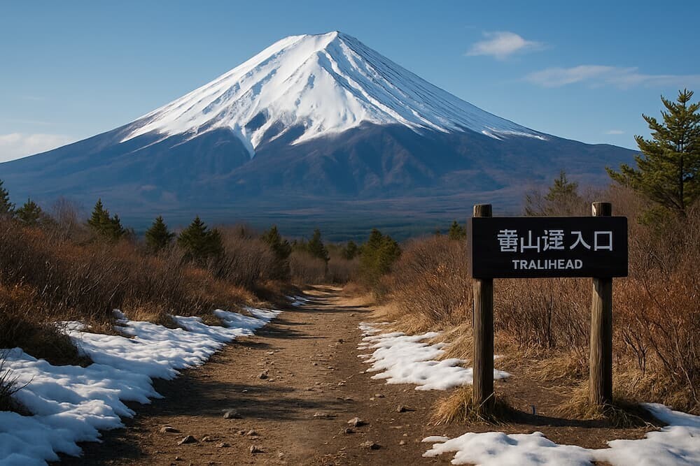 積雪の残る富士山と登山道入口のイメージ