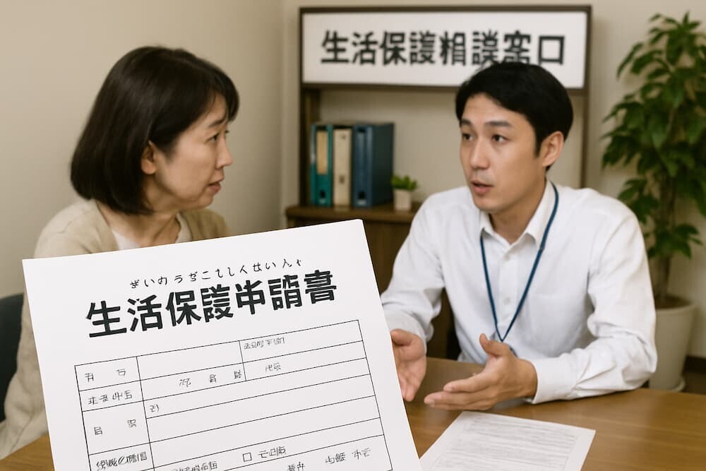 日本の生活保護申請書と相談窓口の様子　イメージ