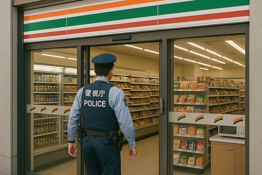 制服を着た警察官がコンビニで買い物している様子