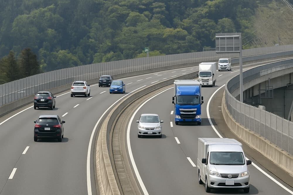 新名神高速道路を逆走する青い乗用車のイメージ