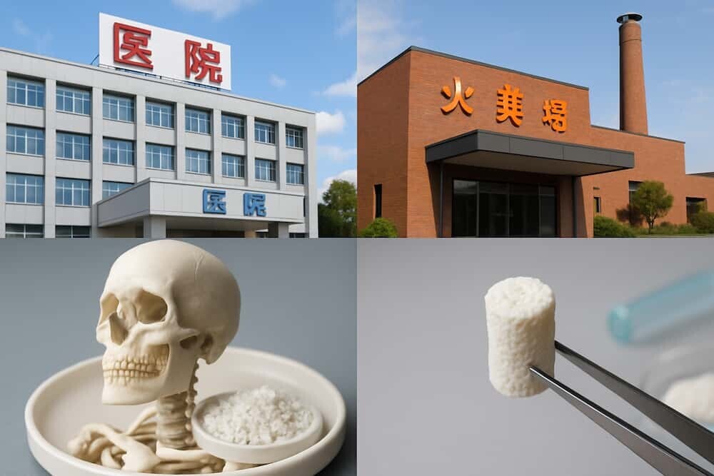 中国の病院と火葬場の外観、医療関連の骨移植材のイメージ