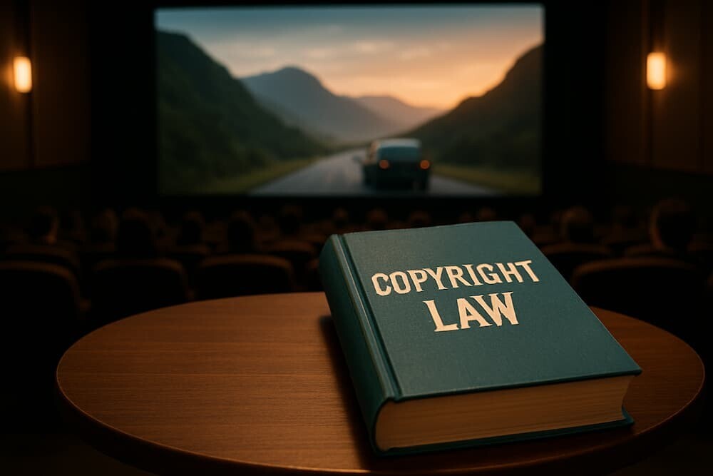 映画館で上映中の映画と著作権法の本がテーブルに置かれている様子