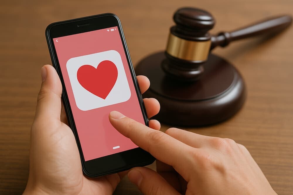 スマホでマッチングアプリを使う手とハートマーク、背景に法廷のガベル