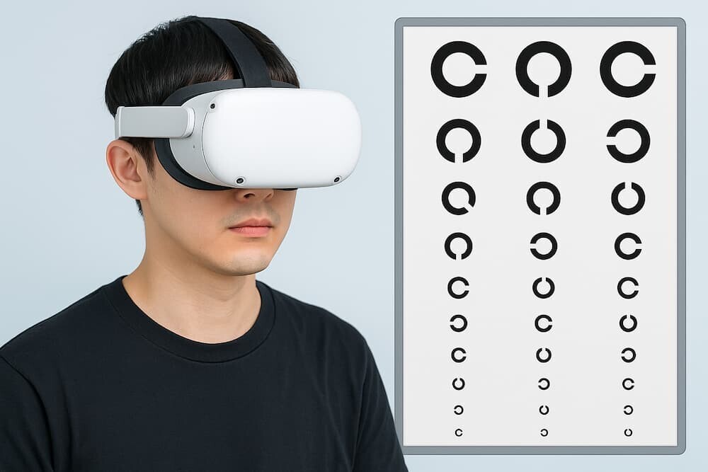 VRヘッドセットを装着する人物と視力検査表のイメージ