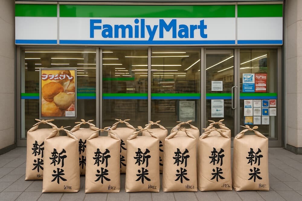ファミマ店舗前に並ぶ1キロ米袋のイメージ