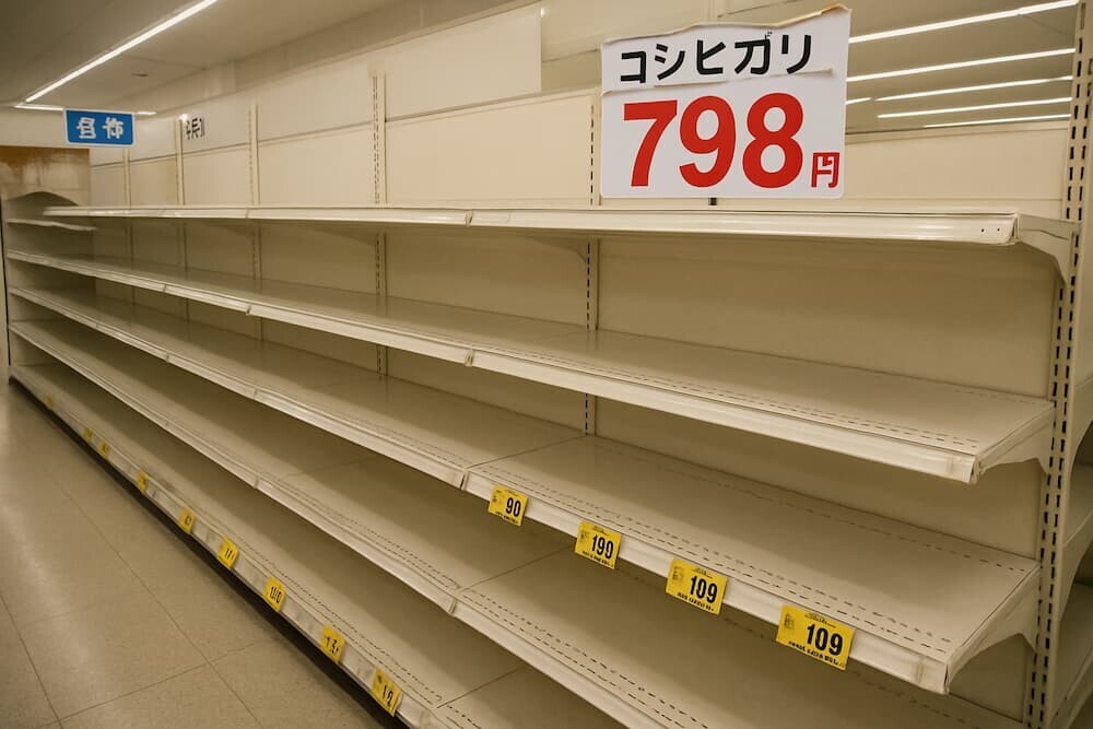 空っぽのスーパーの米売り場　イメージ