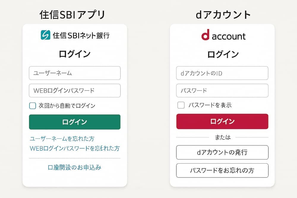 住信SBIアプリとdアカウント画面の比較イメージ