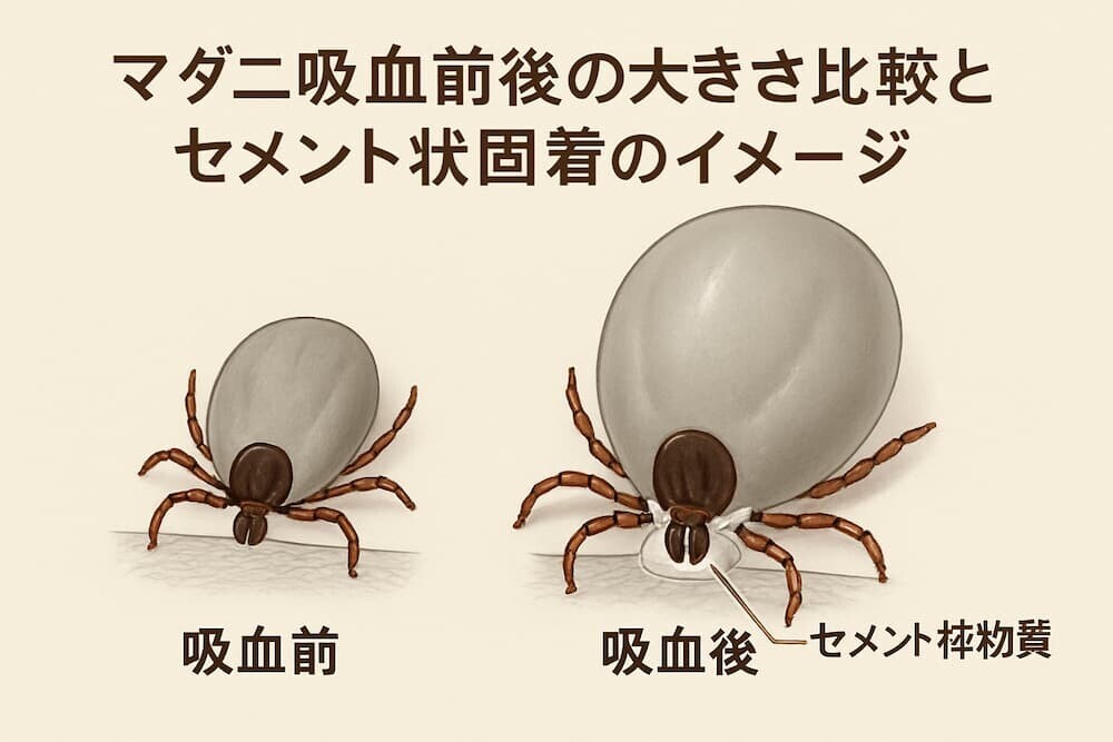 マダニ吸血前後の大きさ比較とセメント状固着のイメージ